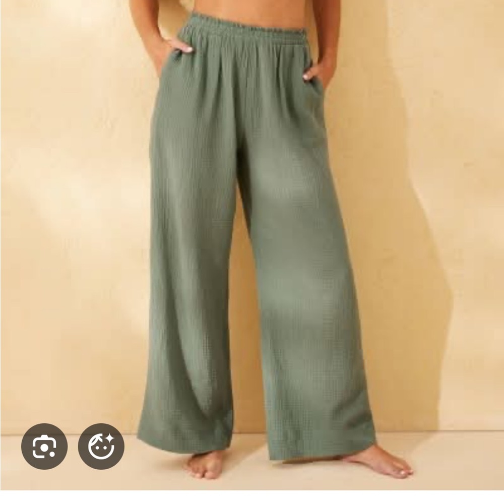 Shade & Shore Beach Summer Gauze Linen Wide Leg Pants - size S Sage Green color